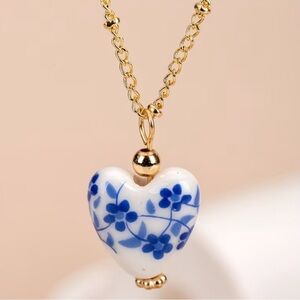 NEW Porcelain Blue Toile Heart Pendant Gold Necklace